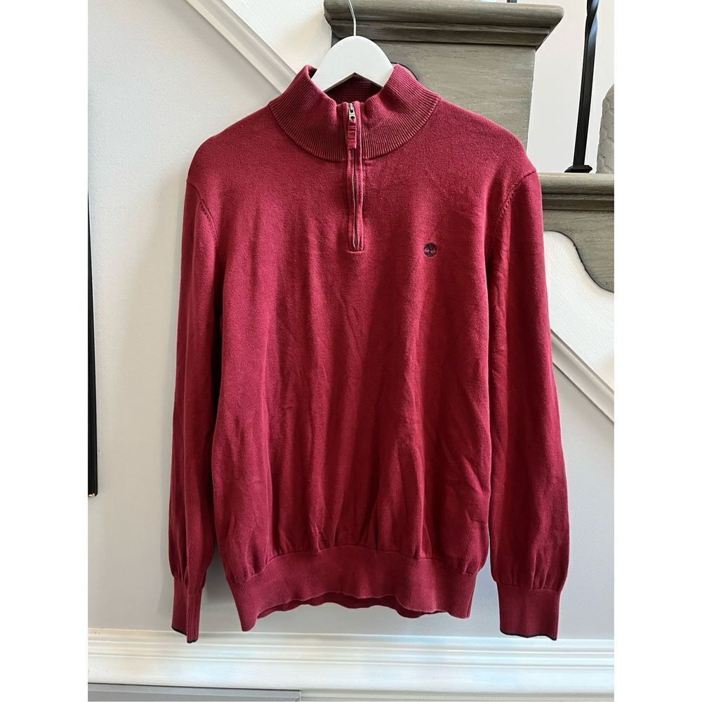 Timberland Burgundy Quarter Zip Organic Cotton Sweater sz L